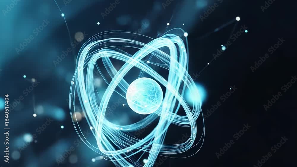 Poster atom orbiting electrons glowing energy structure rotating on dark background