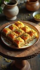 Delicious baklava pastries arranged on a plate indoors