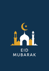Vector art of eid mubarak greeting card with mosque illustration on a blue background