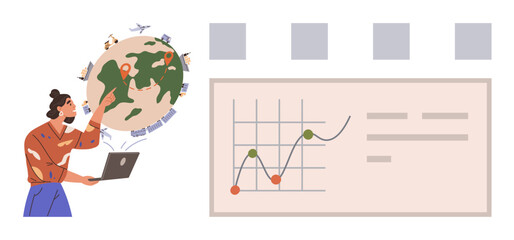 Woman holding laptop, analyzing global communication and data insights. Ideal for business, analytics, global connection, data-driven decisions, online work, teamwork, simple flat metaphor