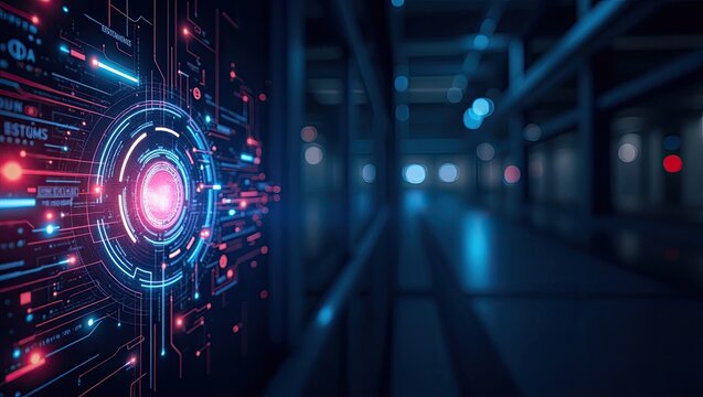 Futuristic digital display with glowing circuits and data.