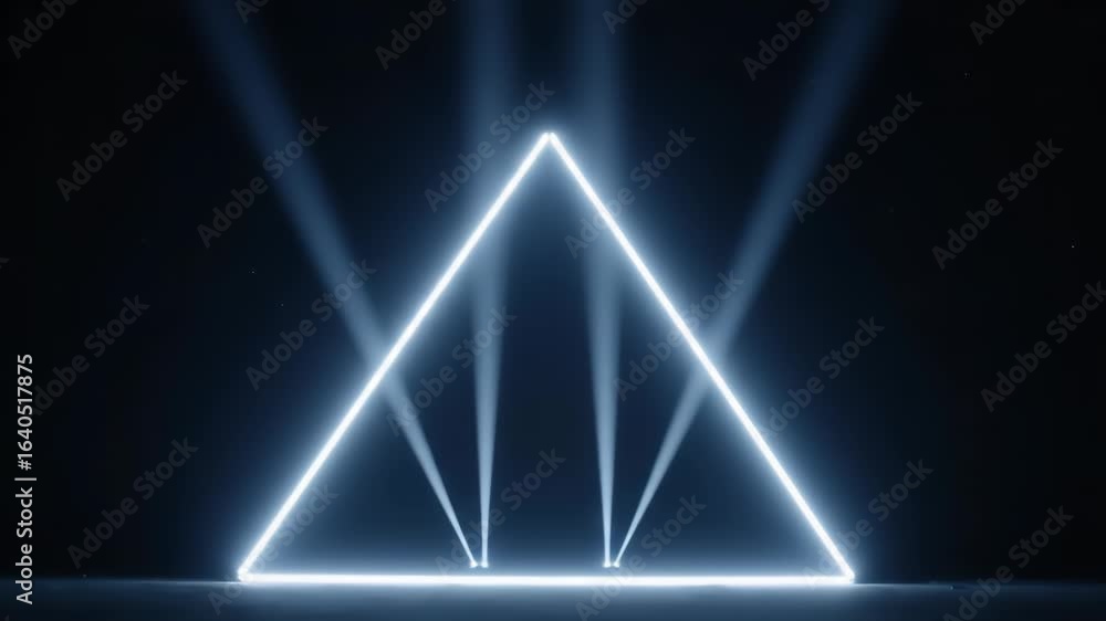 Poster geometric neon triangle illuminated with bright light rays against a dark backdrop creating a modern