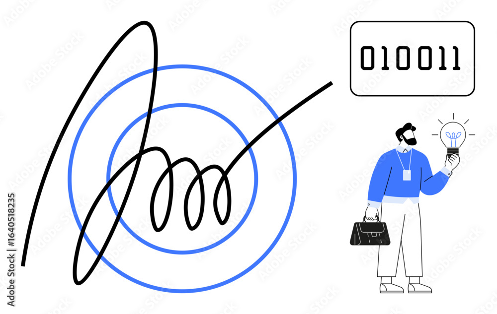 Poster man holding bright light bulb representing innovation, binary code for technology, looping signature