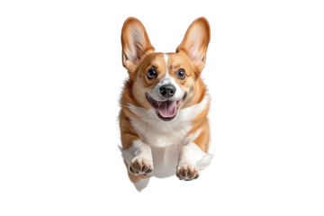 A cheerful corgi dog joyfully leaps through the air, showcasing its playful spirit and energetic personality.