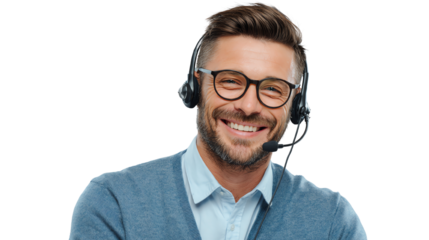 A cheerful customer service representative wearing glasses, ready to assist clients with a friendly smile.