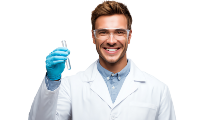 A cheerful scientist in a lab coat holds a test tube, showcasing excitement in scientific discovery and research.