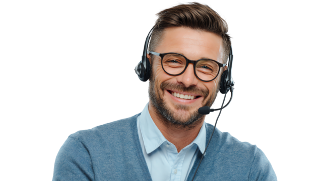 A cheerful customer service representative wearing glasses, ready to assist clients with a friendly smile.