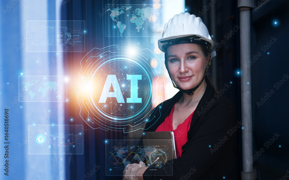 Poster businesswoman using ai technology for logistic management to optimize warehouse operations, automate