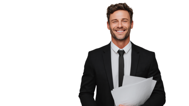 A confident businessman in a suit smiles while holding documents, representing professionalism and success in the workplace.
