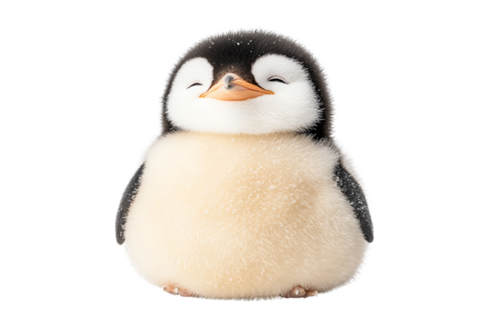 A cute and fluffy penguin chick smiling adorably, showcasing its round body and cheerful expression in a delightful pose.