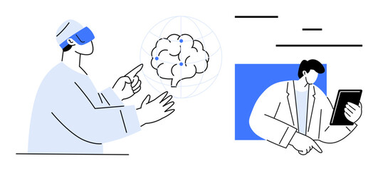 Person in VR headset interacts with 3D brain model, other person with tablet observes. Ideal for innovation, technology, collaboration, education, research, AI-related ideas, simple landing page