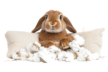 A cute rabbit rests comfortably on a fluffy pillow surrounded by cotton. Perfect for animal lovers and cozy themes.