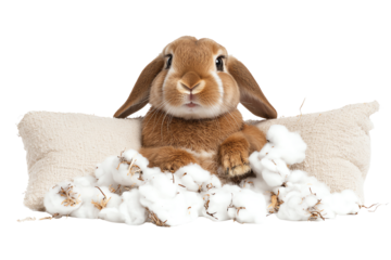 A cute rabbit rests comfortably on a fluffy pillow surrounded by cotton. Perfect for animal lovers and cozy themes.
