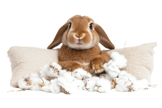 A cute rabbit rests comfortably on a fluffy pillow surrounded by cotton. Perfect for animal lovers and cozy themes.