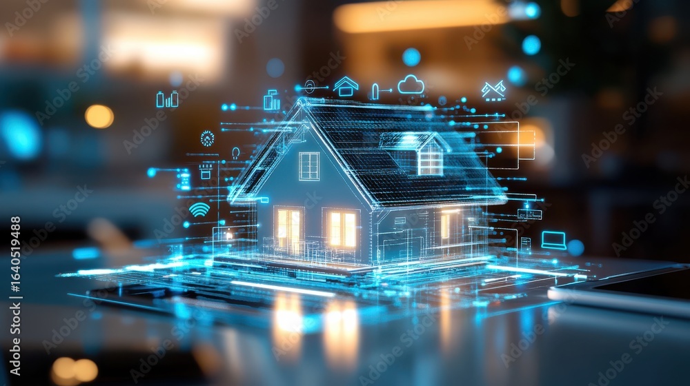 Poster digital rendering of a futuristic house with smart technology icons