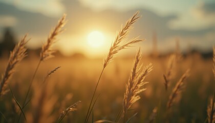 Backlit grass and plants in a serene sunset field