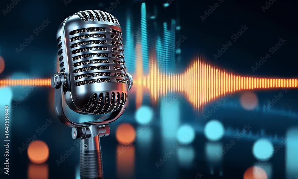 Poster microphone and digital data on a screen background, representing podcasting technology for creating 