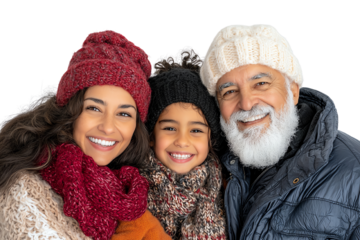 A joyful family portrait showcasing three generations smiling together in winter clothing, expressing love and warmth.
