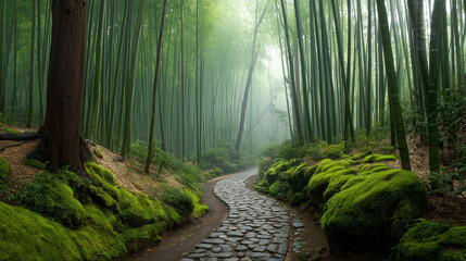 Fototapeta premium Curving Path in Misty Bamboo Grove