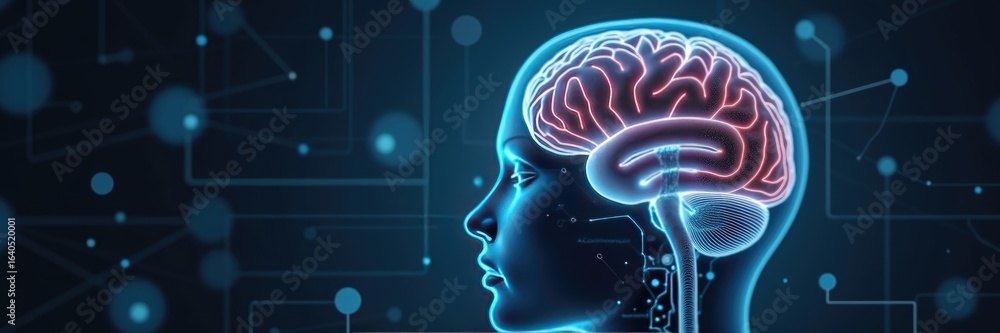Poster 3d illustration of a brain in profile view with digital network elements.