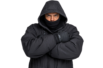 A person dressed warmly in a black parka and mask, exuding confidence against a plain background, ideal for winter-themed projects.