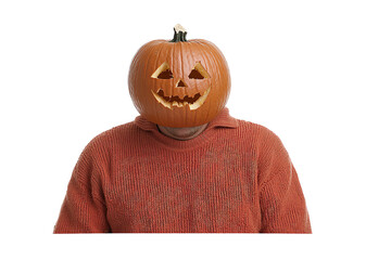 A person playfully wearing a carved pumpkin head, embodying the spirit of Halloween festivities with joy and creativity.