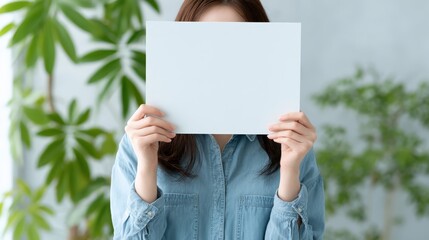 Anonymous Woman Holding a Blank Sign in Front of Face, Surrounded by Greenery Indoors