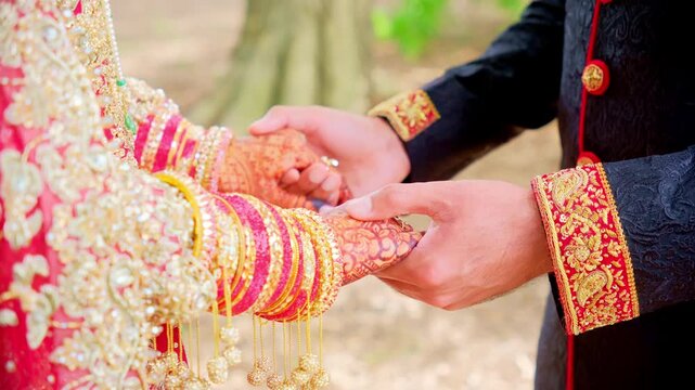 Couple holding his hand. Traditional henna painted bridal hand. Red color is the traditional Indian clothes, Elements of hindu wedding. 