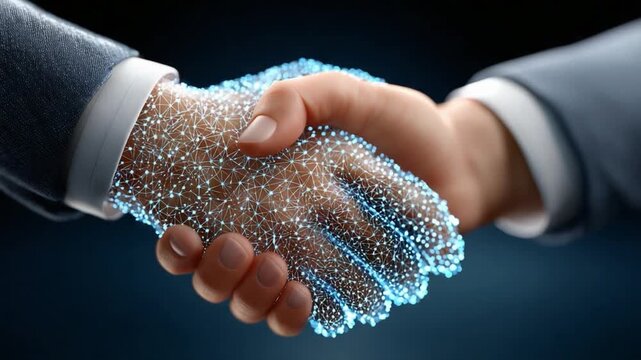 Digital Deal: A striking image of a handshake morphing into a futuristic representation. the core concept of the photo is agreement.
