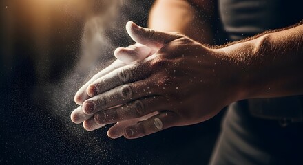 Close-up of a man's hands clapping together, covered in white powder, with dust particles floating in the air.