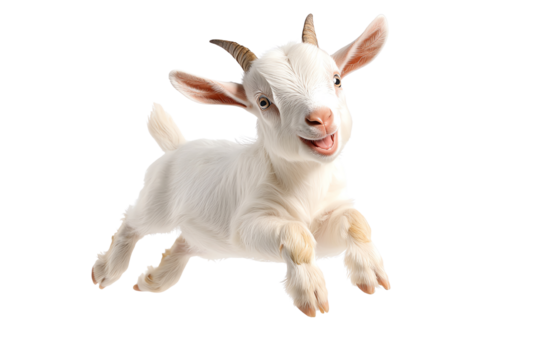 A playful young goat leaps joyfully, showcasing its energy and adorable features in a bright and cheerful setting.