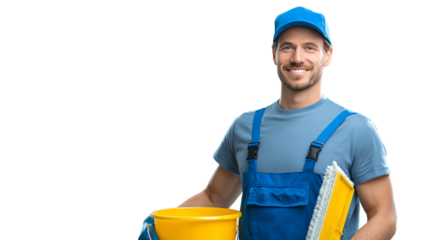 A smiling maintenance worker holding cleaning supplies. Ideal for illustrating services, teamwork, and professionalism in jobs.