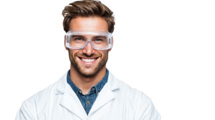 A smiling male scientist in a lab coat and safety goggles, ready for experimentation and innovation in a laboratory setting.