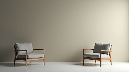 Two light gray upholstered armchairs with light brown wooden frames in a minimalist interior design.