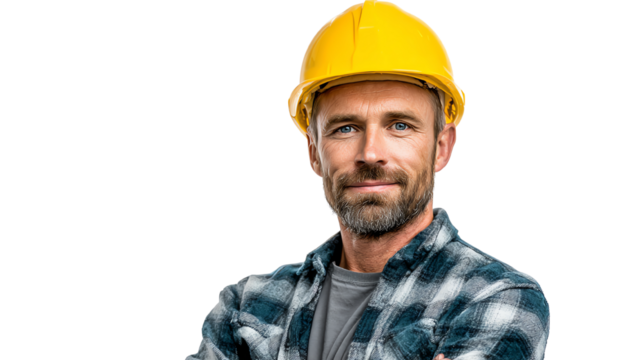 A skilled construction worker in a yellow hard hat and plaid shirt, ready to tackle any project with confidence.