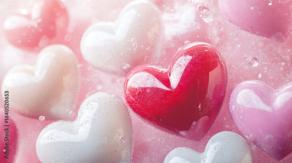 Poster heart-shaped objects floating in liquid, romantic studio setting