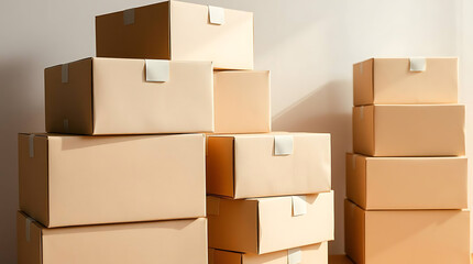 Neatly stacked cardboard moving boxes of various sizes piled against a light-colored wall casting soft shadows from natural light
