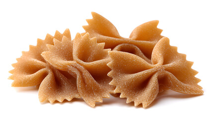 Whole wheat farfalle pasta close up shot on white background
