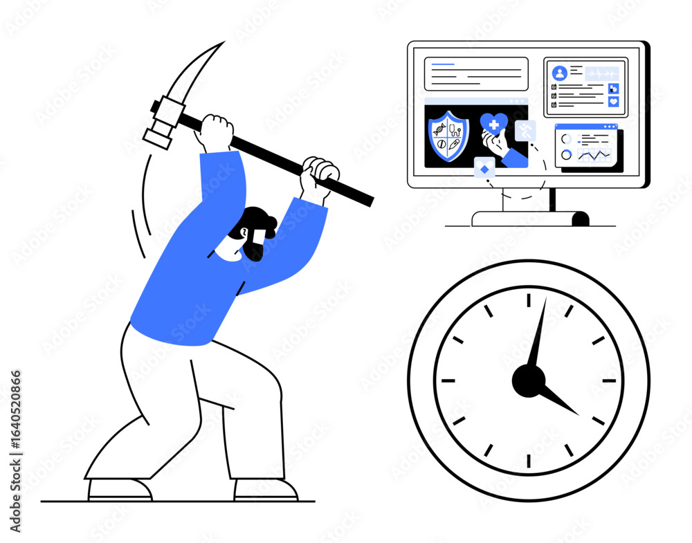 Poster man wielding a pickaxe, desktop screen with analytics, shield, heart, and graph, clock below. ideal 