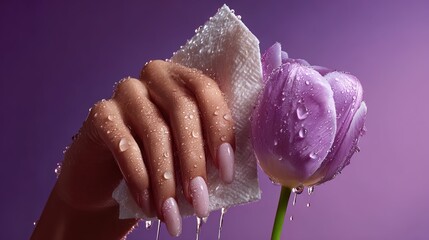 A slender, very beautiful and smooth white woman's hand, holding a square wet tissue, is wiping a purple tulip