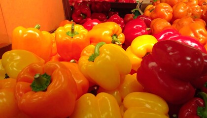 A vibrant pile of red, orange, and yellow bell peppers, illuminated by warm lighting