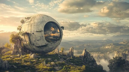 Futuristic, spherical spacecraft has landed in a mountainous landscape. Concept of extraterrestrial life, alien technology, and interstellar travel.