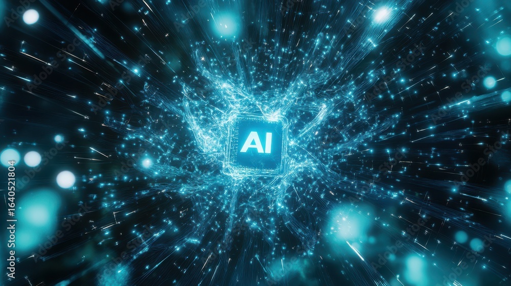 Poster futuristic microchip with ai in abstract digital space