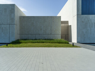 empty brick floor with modern building