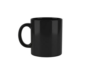 Matte black coffee mug mockup angled view isolated on light gray background PNG