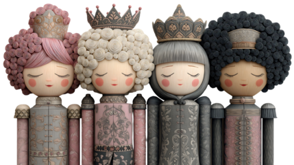 Diverse multicultural Christmas nutcracker dolls collection, intricate folk art patterns traditional holiday decorations representing different ethnicities transparent background.