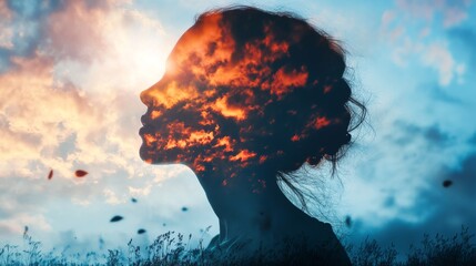 Silhouette of a woman with fire in her head, representing her passion and emotions.