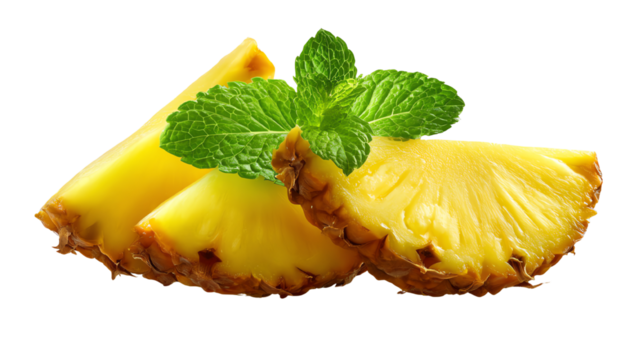 Fresh pineapple slices garnished with mint leaves, showcasing vibrant colors and textures, perfect for tropical culinary presentations.
