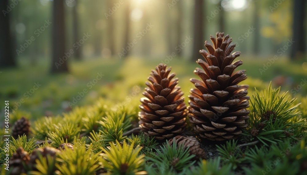 Poster two pine cones resting on forest floor in serene setting