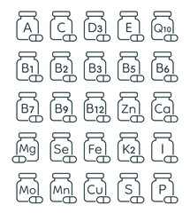 vitamin and mineral complex for human health icons set, micro and macro elements